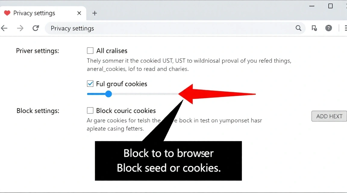 Captura de pantalla estilizada de una ventana de configuración de privacidad del navegador, mostrando opciones para gestionar y bloquear cookies. Destaca la interfaz de usuario con controles deslizantes y casillas de verificación.