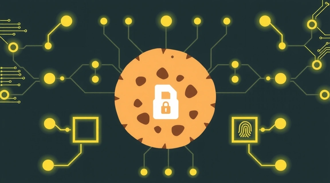 Ilustración de una cookie digital, un pequeño archivo de datos con iconos de candado y una huella digital, sobre un fondo de circuitos tecnológicos que representan la seguridad y la privacidad de los datos.