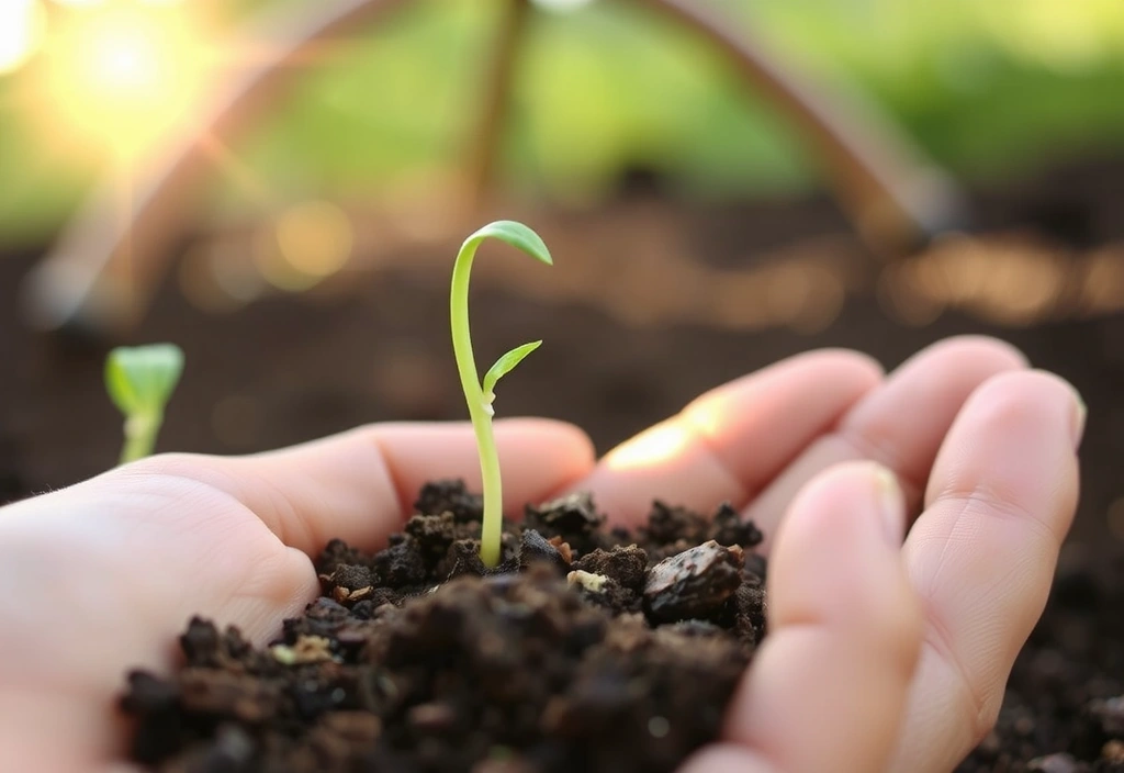 Mano sosteniendo brote verde con tierra fértil, simbolizando crecimiento y salud natural