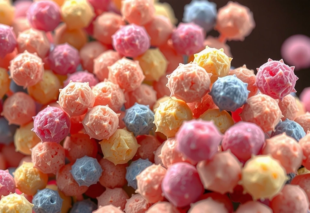 Pequeñas bacterias beneficiosas representadas como esferas de colores en un entorno microscópico, con un sutil efecto de brillo.