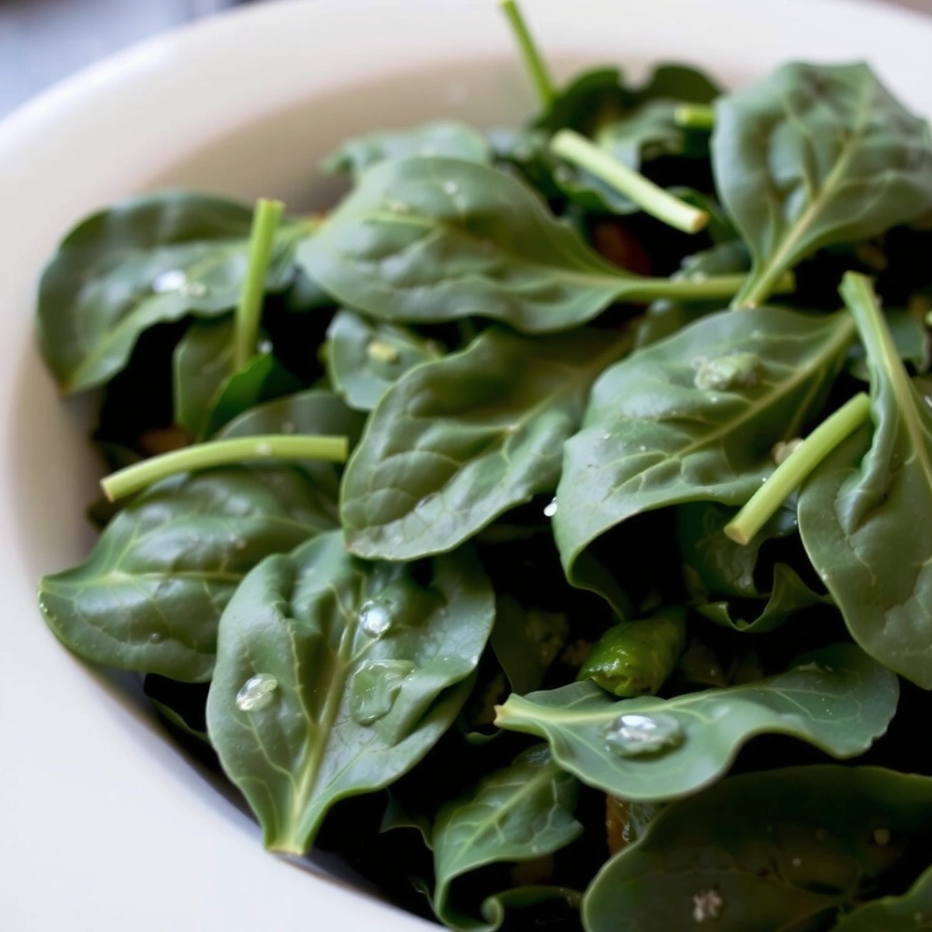 Hojas de espinaca fresca y verde oscuro en un plato.